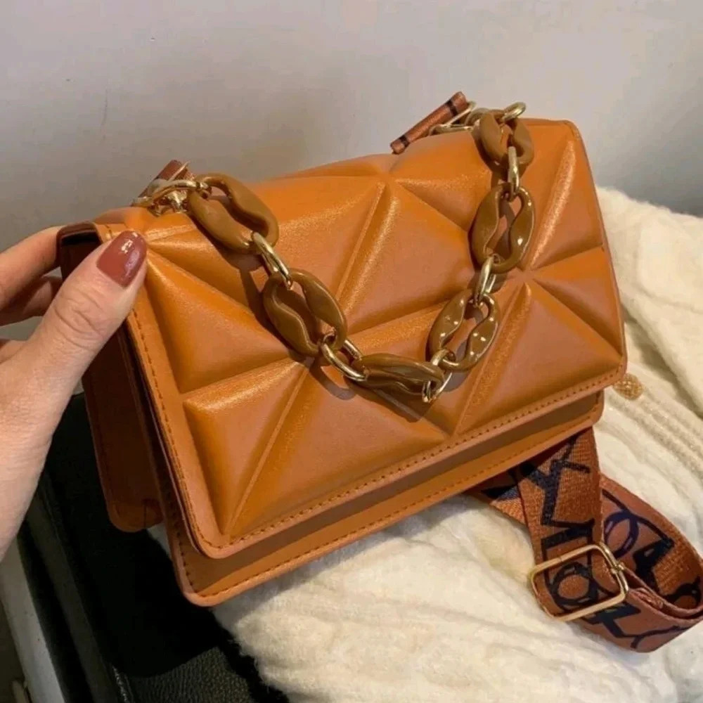 Cute brown bag purse women's satchel handbag crossbody strap chain link luxury